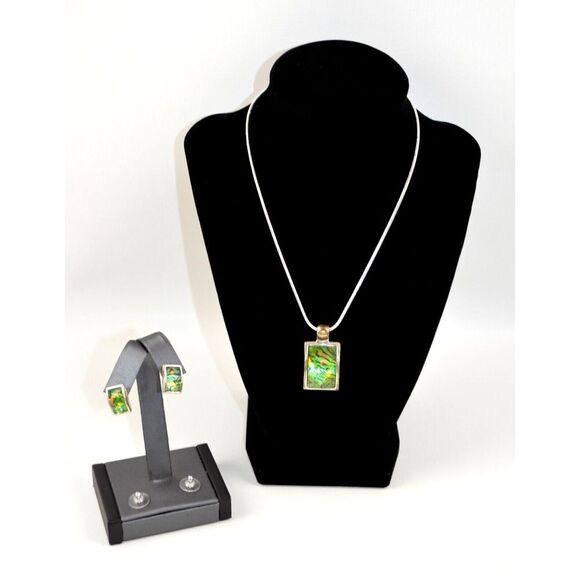 Silver Tone KC Kenneth Cole Necklace‎ & Earrings Curved Faceted Green & Black - Picture 1 of 16